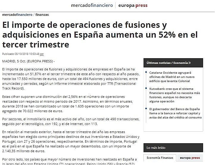 El importe de operaciones de fusiones y adquisiciones en Espaa aumenta un 52% en el tercer trimestre